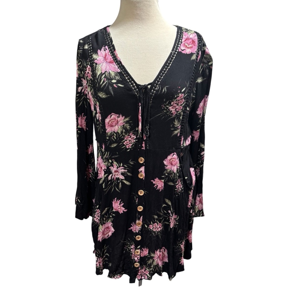 American Rag Black Pink Floral Crochet Trim Button Front Mini Dress Large #498
